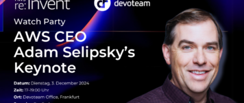 Watch party banner for AWS CEO Adam Selipsky's keynote organized by Devoteam on December 3, 2024, in Frankfurt.