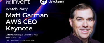 Watch party banner for AWS CEO matt garman's keynote organized by Devoteam on December 3, 2024, in Frankfurt.